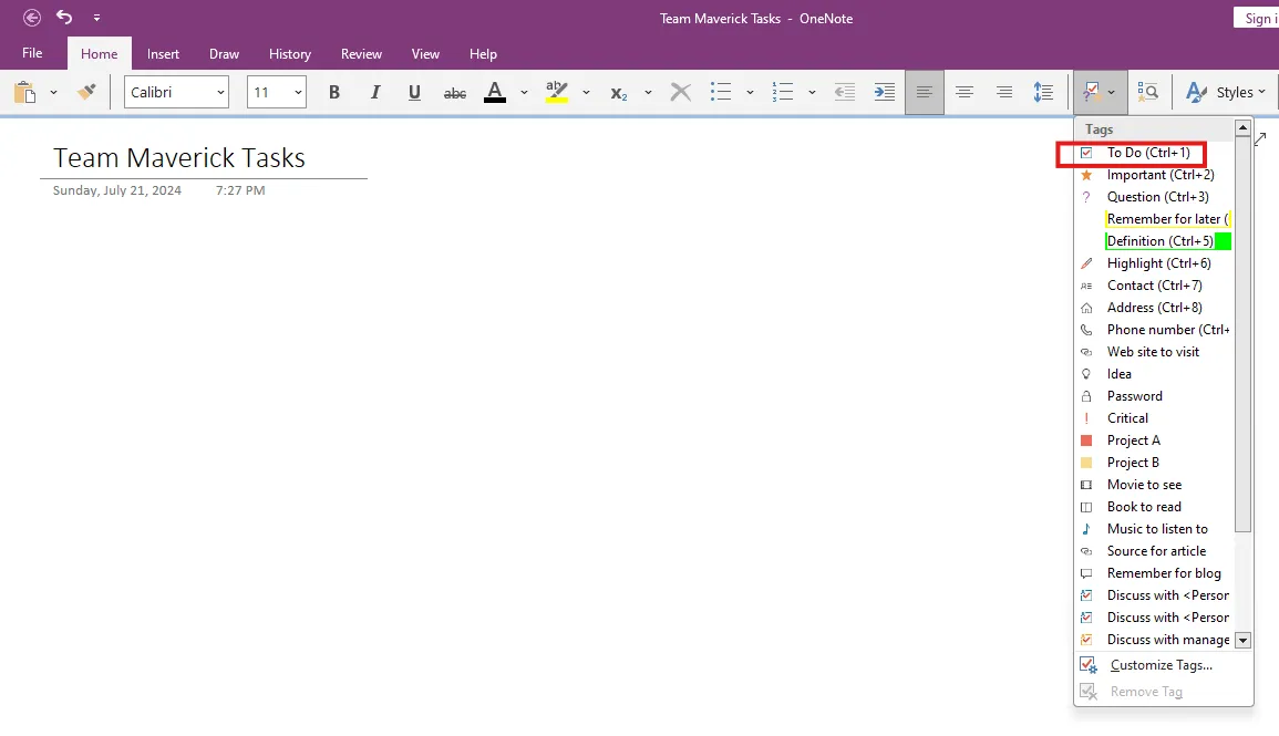 Tìm thẻ 'Việc cần làm' từ menu thả xuống định dạng trong OneNote