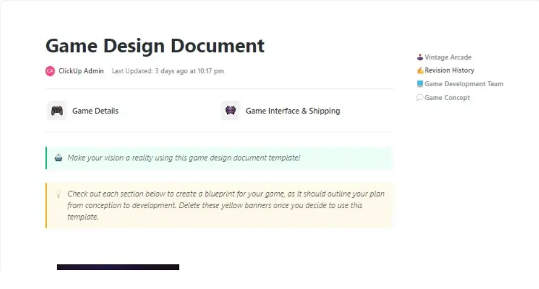 Planeje todos os detalhes para uma colaboração perfeita com o modelo de documento de design de jogos do ClickUp.