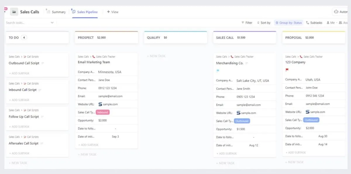 Modèle de journal des appels commerciaux ClickUp