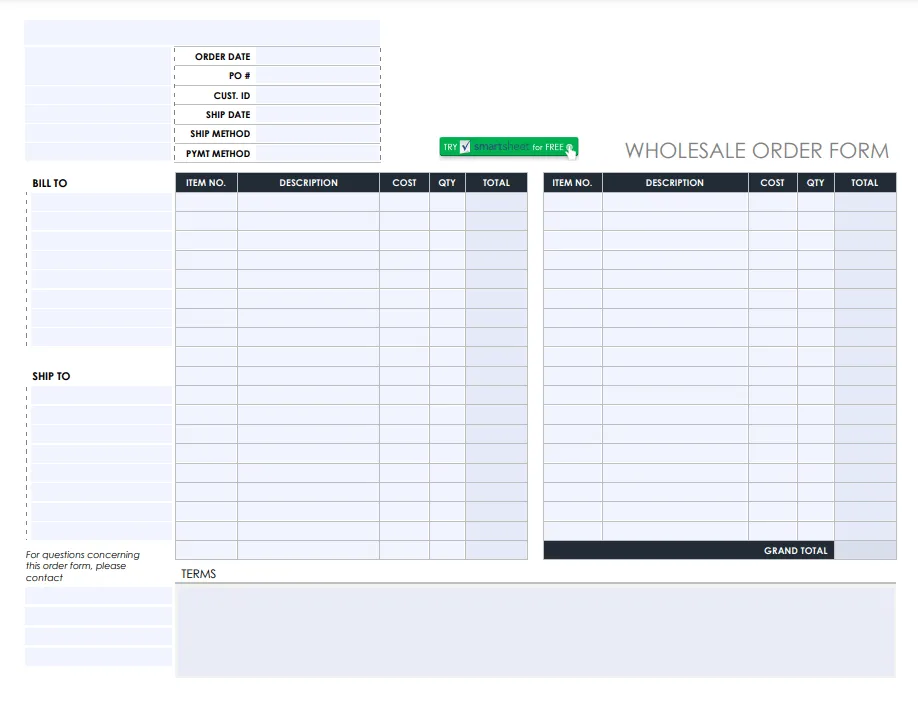 Šablona velkoobchodního objednávkového formuláře Smartsheet
