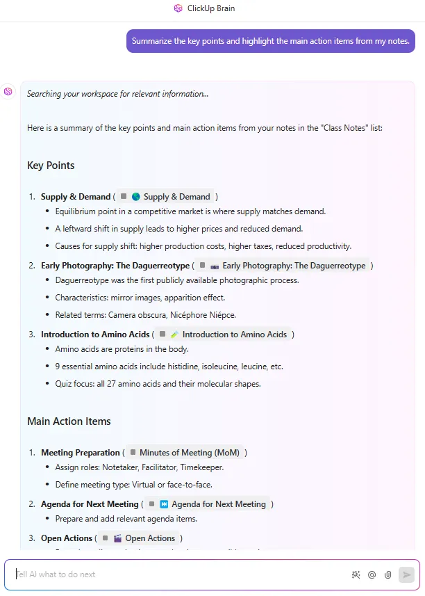 Ringkas catatan dengan ClickUp Brain: Template Catatan