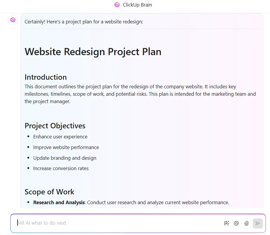 Plan für das Projekt zur Neugestaltung der Website über ClickUp Brain