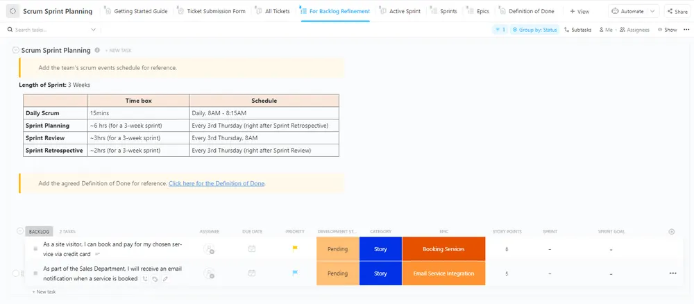 Modelo de planejamento de sprint do ClickUp Scrum