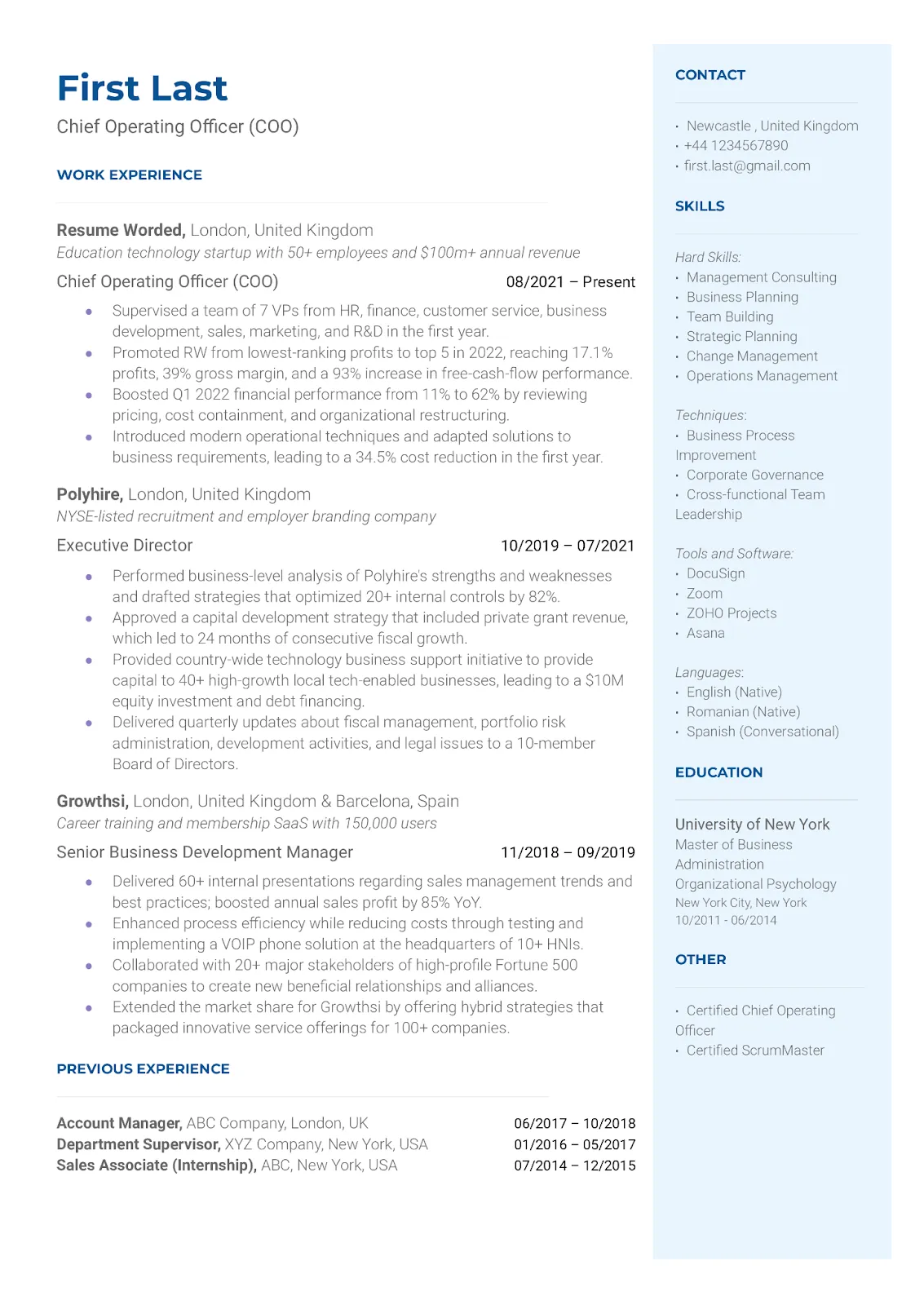 Resume Worded의 PDF COO 이력서 템플릿