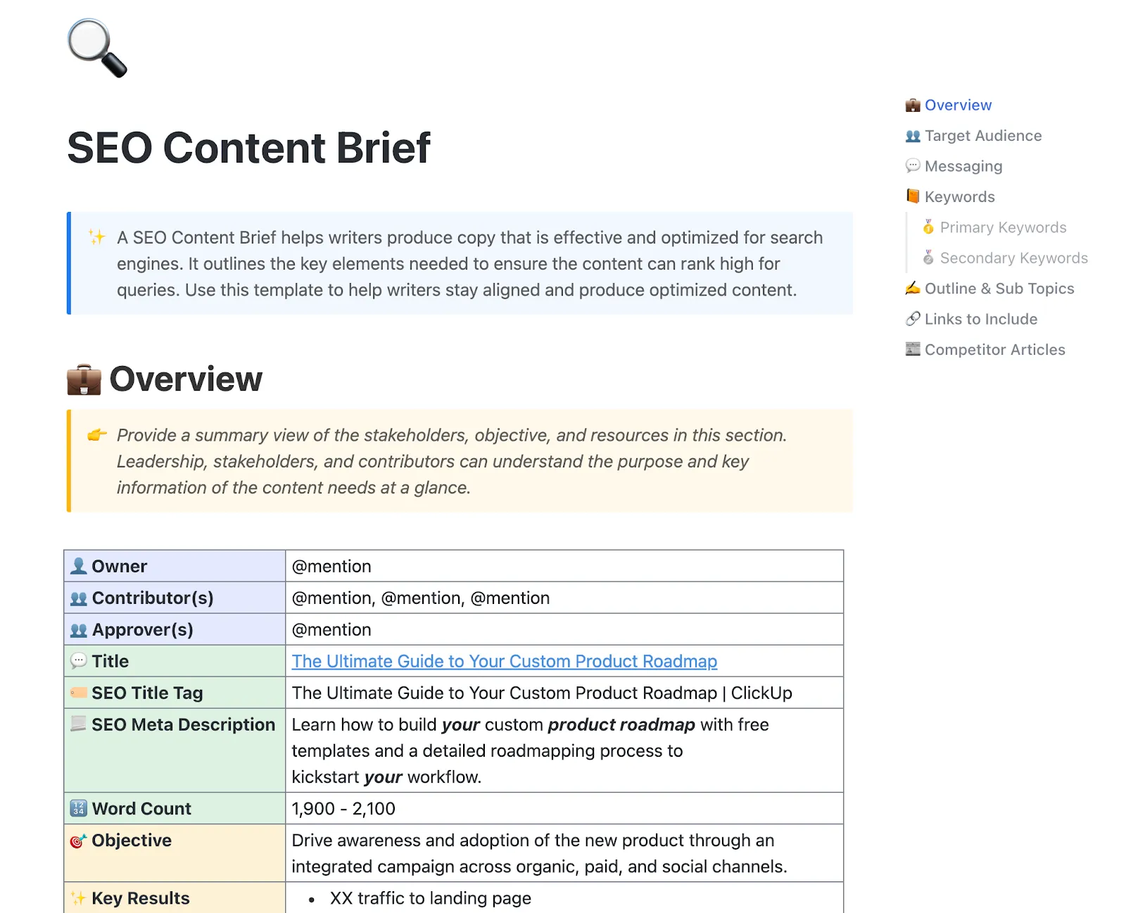 Modello di brief per contenuti SEO di ClickUp