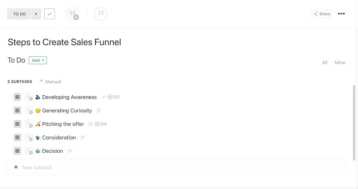 Utilizza il modello "Passaggi per creare un funnel di vendita" di ClickUp per ottenere rapidamente informazioni sui clienti, sviluppare consapevolezza e creare automaticamente attività.