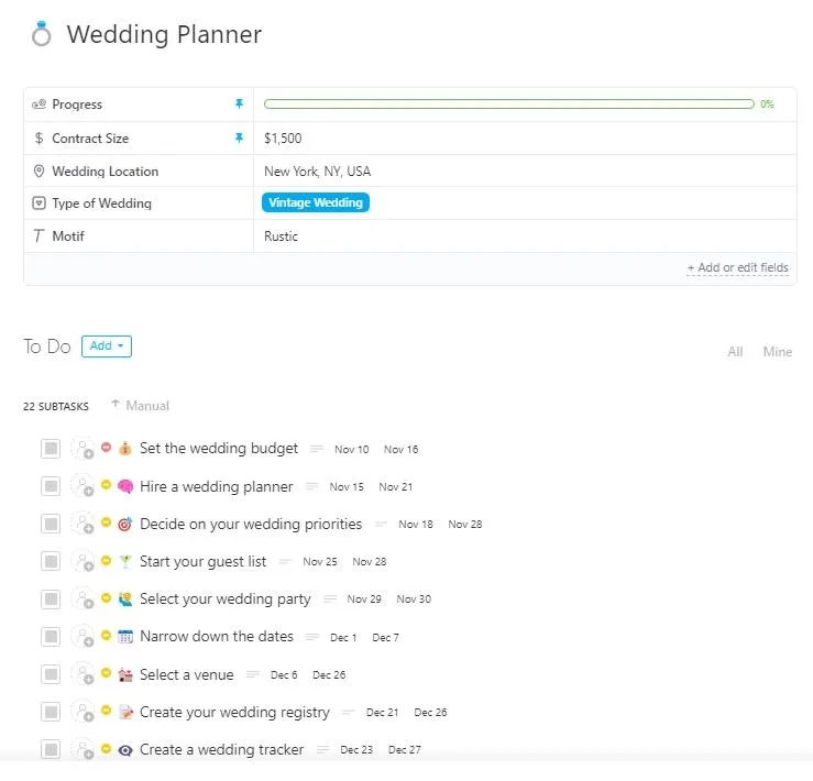 Modèles Microsoft Planner : modèle ClickUp Wedding Planner