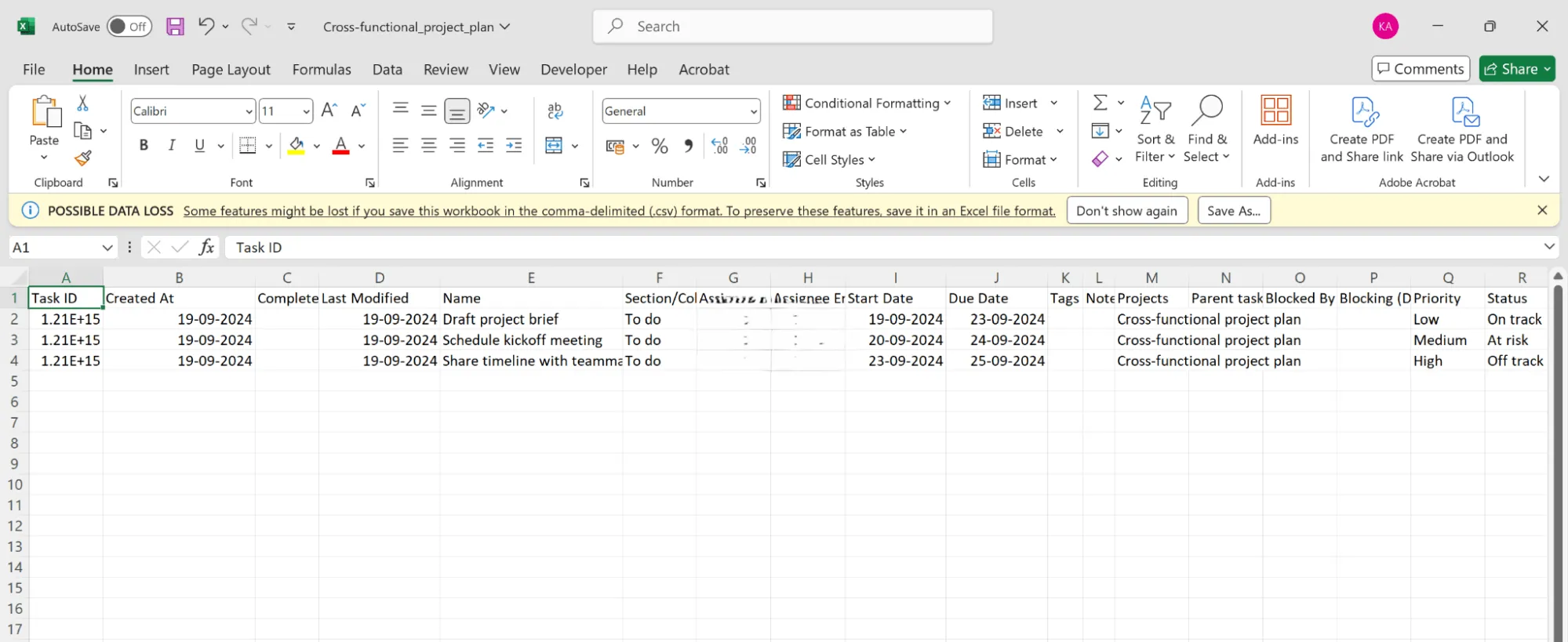 Así es como deberían verse los datos exportados a Excel: cómo exportar Asana a Excel.