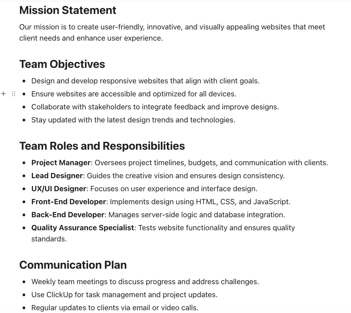 Esempio di carta del team