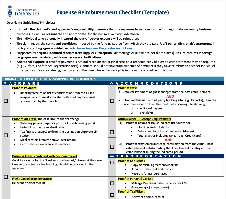 แม่แบบรายการตรวจสอบการเบิกค่าใช้จ่ายในรูปแบบ Word / PDF