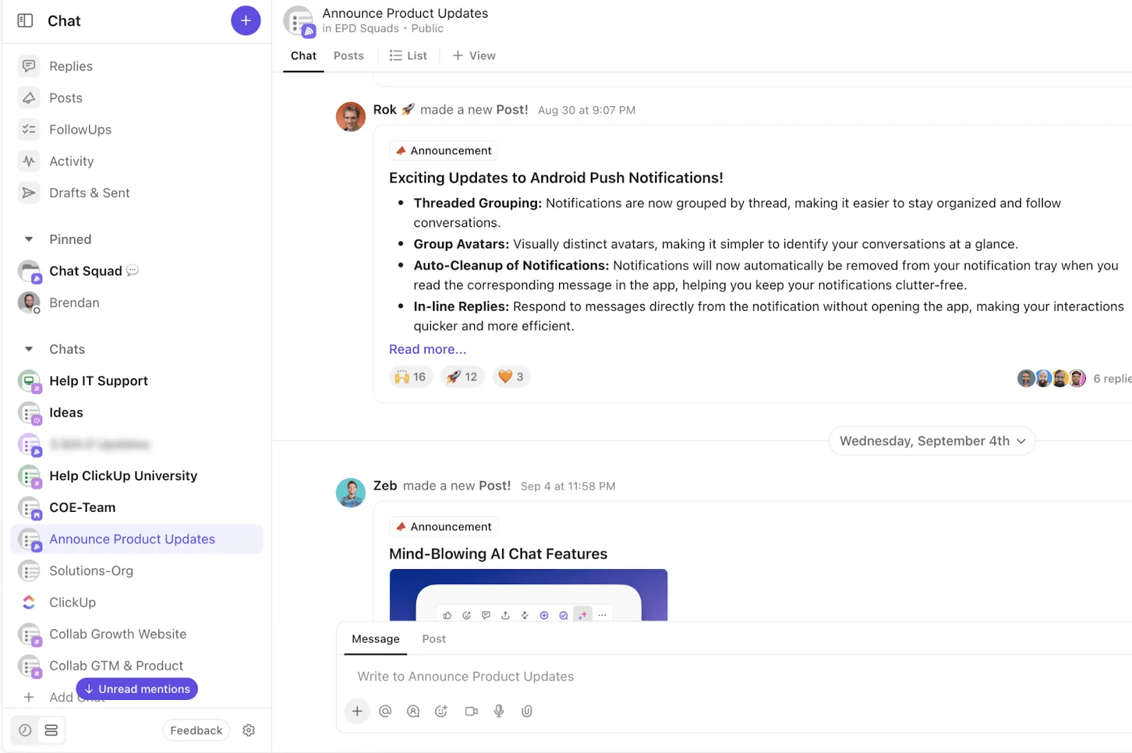 Chat ClickUp: incoraggia i membri del team a promuovere la collaborazione sul posto di lavoro