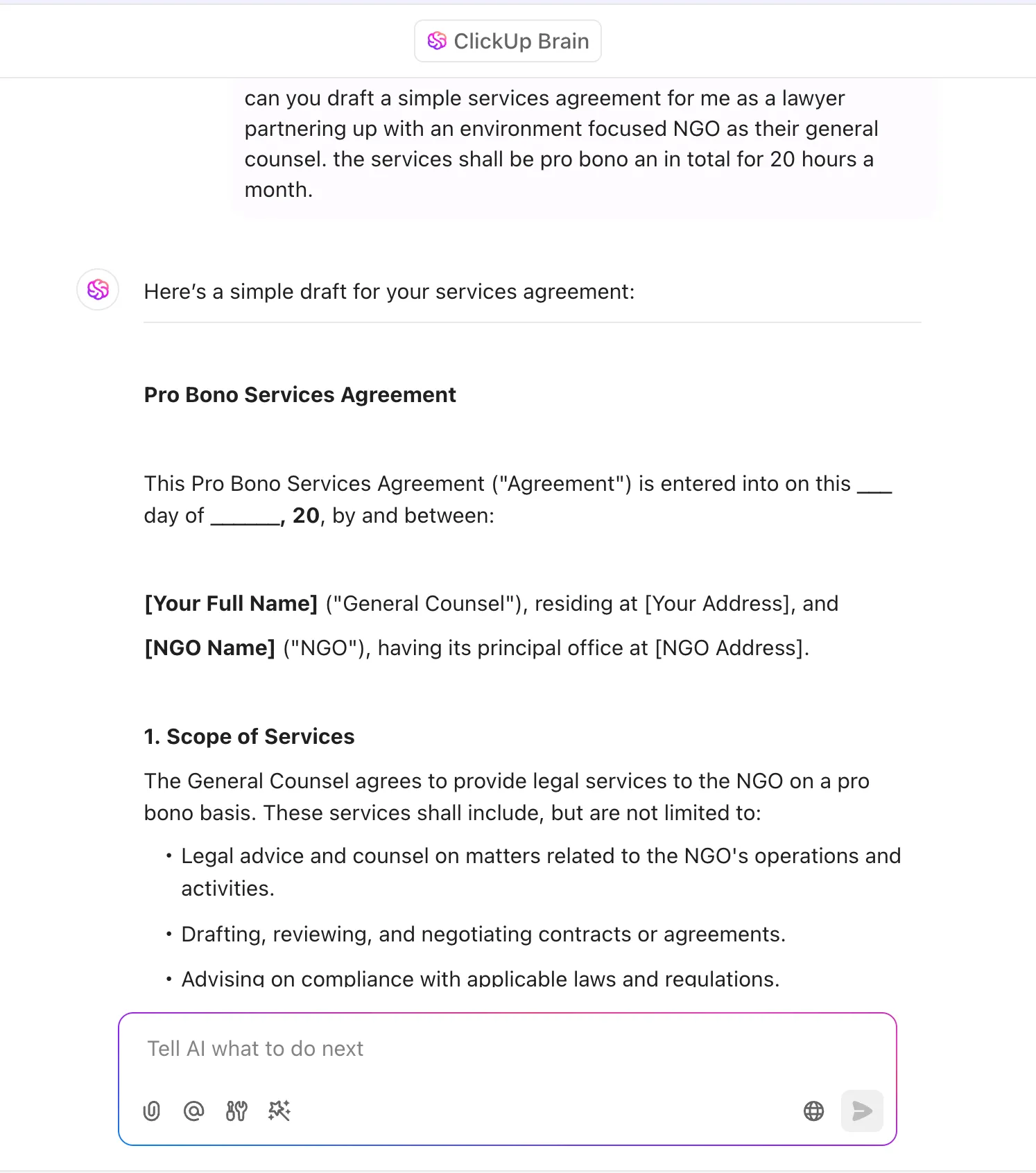 Use o ClickUp Brain para redigir contratos de prestação de serviços, mas verifique a precisão.