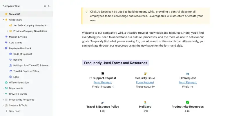Phát triển nội dung cho wiki công ty bằng ClickUp