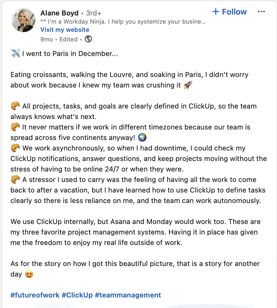 โพสต์บน LinkedIn ของ Alane Boyd เกี่ยวกับการบาลานซ์ชีวิตการทำงานกับการผสานชีวิตการทำงาน