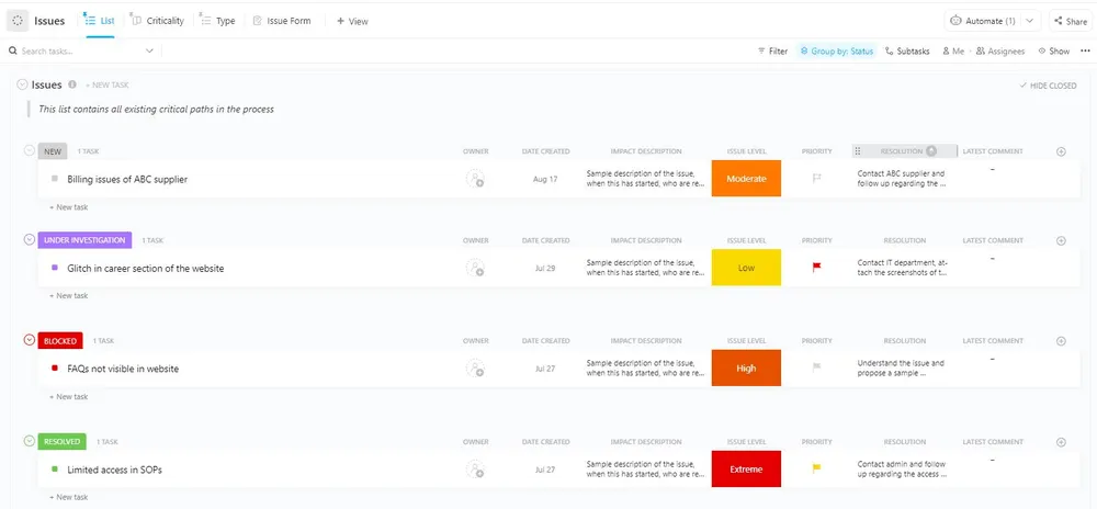 Plantilla de registro RAID de ClickUp