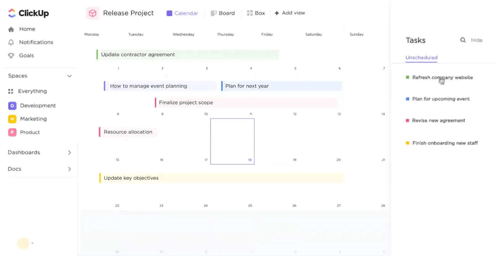 Visualizzazione del calendario ClickUp