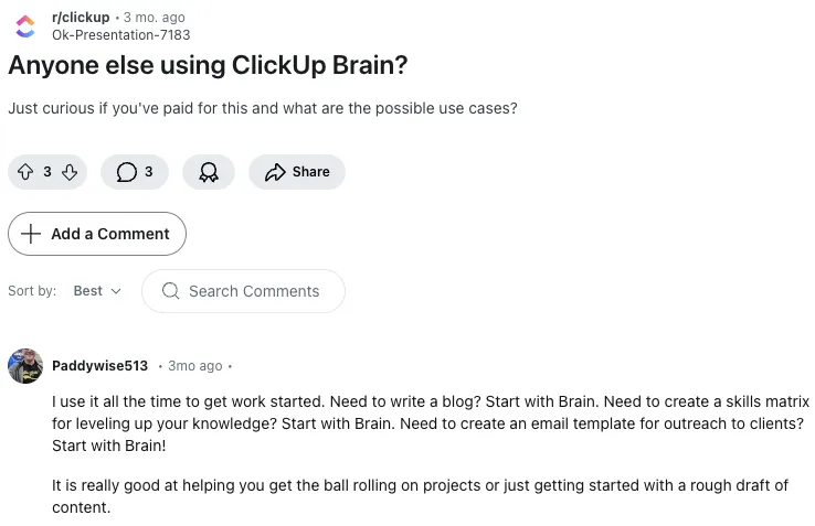 Comentário de um usuário do Reddit sobre o ClickUp Brain