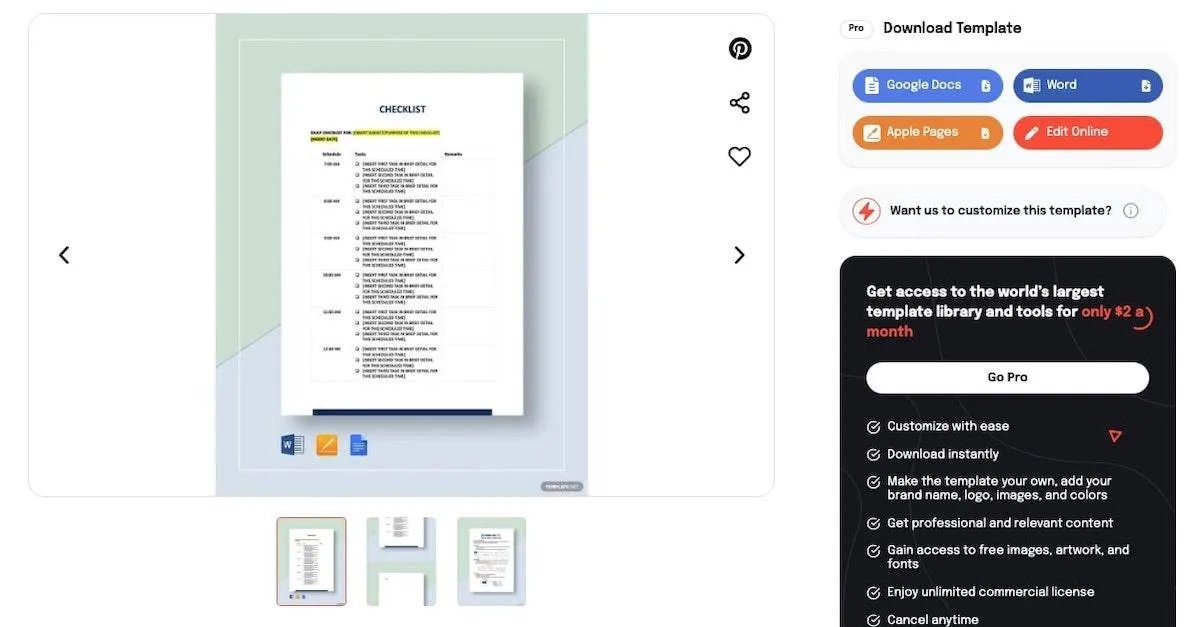 Steekproef van een Word-checklist door Template.net