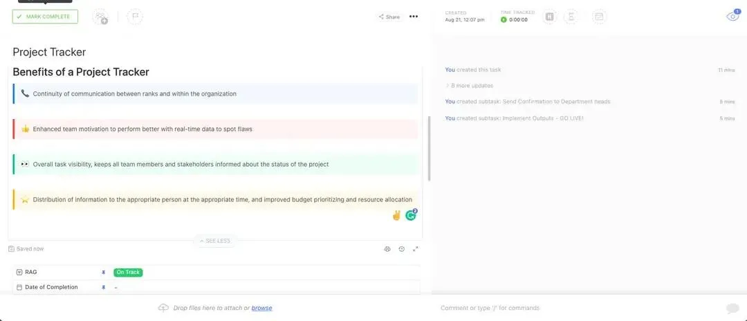 Tăng năng suất với kế hoạch và theo dõi dự án tốt hơn bằng Mẫu theo dõi dự án ClickUp