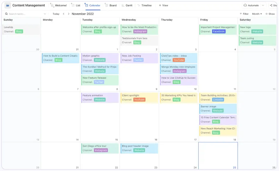 Buat kalender konten bulanan Anda di ClickUp