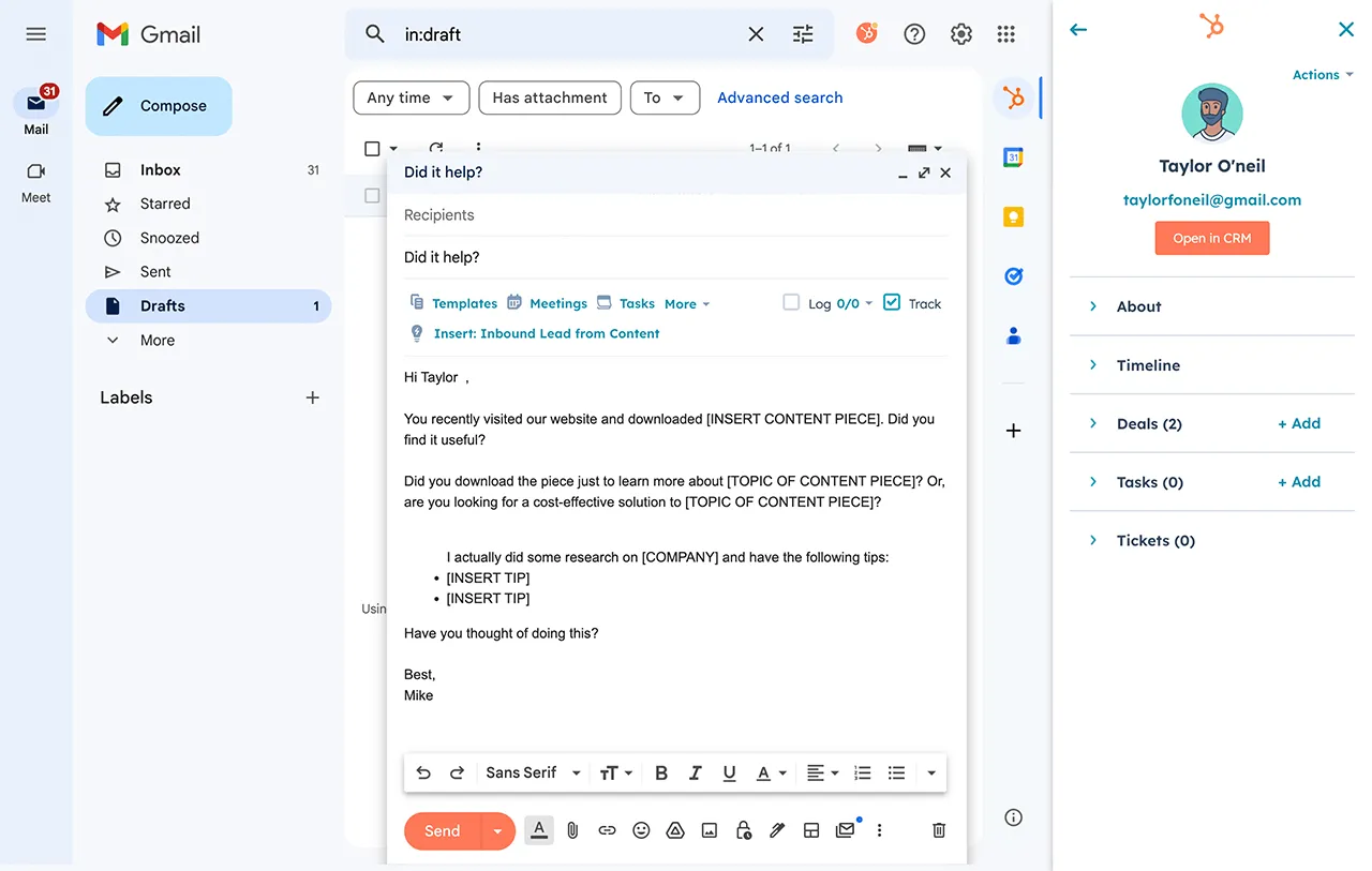 Software de CRM HubSpot Gmail: integrado à sua caixa de entrada do Gmail