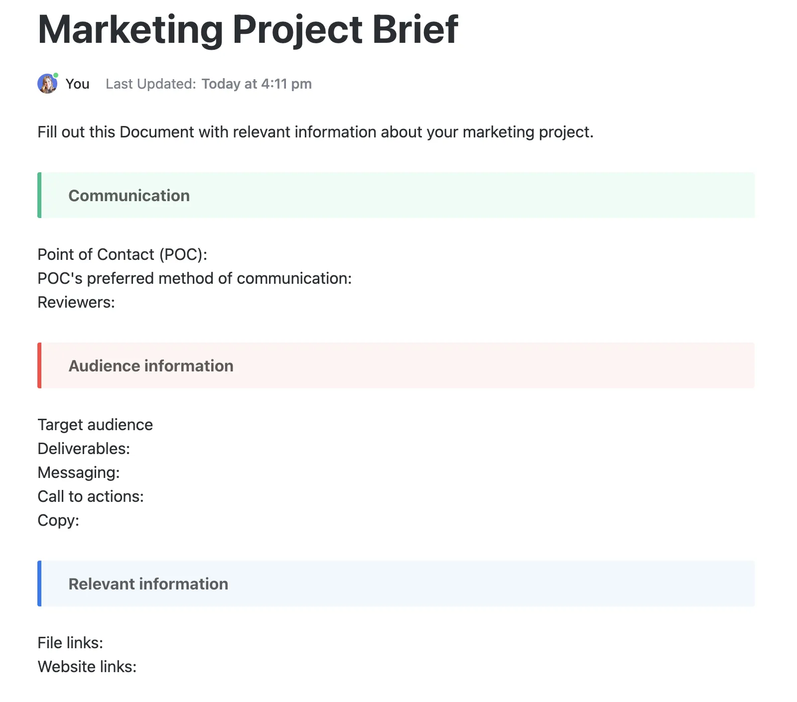 Šablona briefu marketingového projektu ClickUp