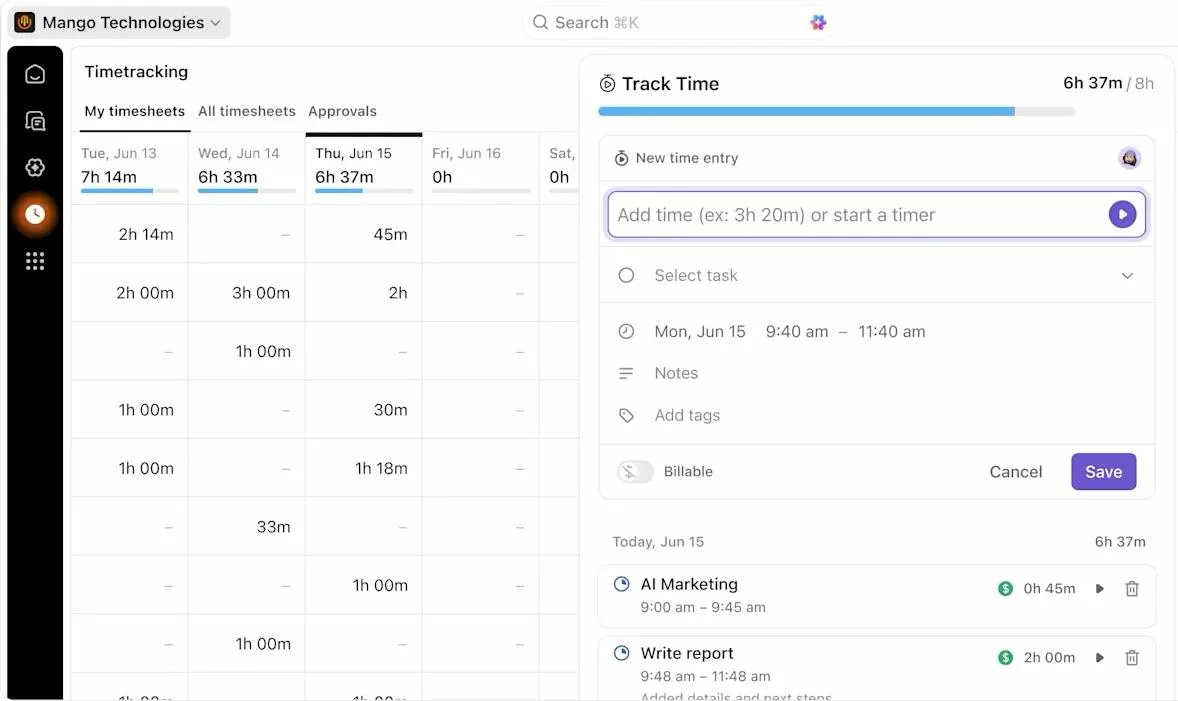 Suivi du temps ClickUp : capturez les efforts réels pour surveiller les dépenses réelles au fur et à mesure de l'avancement du travail.