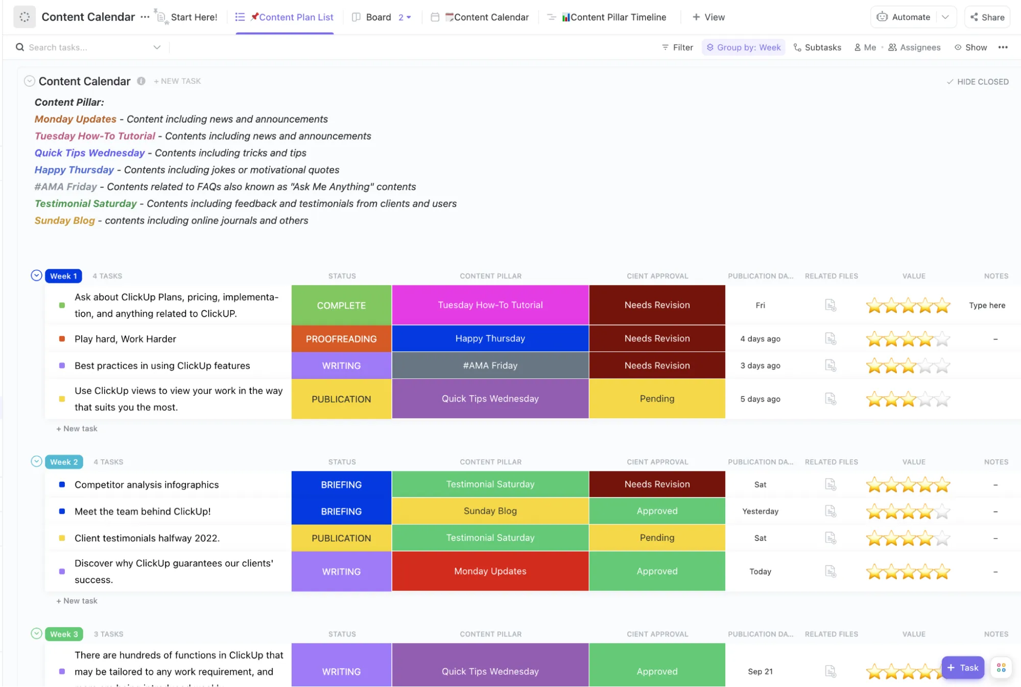 Vereenvoudig de planning, inroostering en goedkeuringsprocessen van content met de ClickUp-sjabloon voor een contentkalender