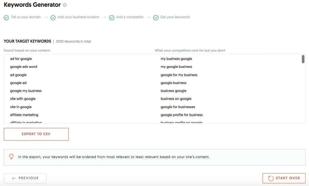 Página Keyword Generator en Ubersuggest