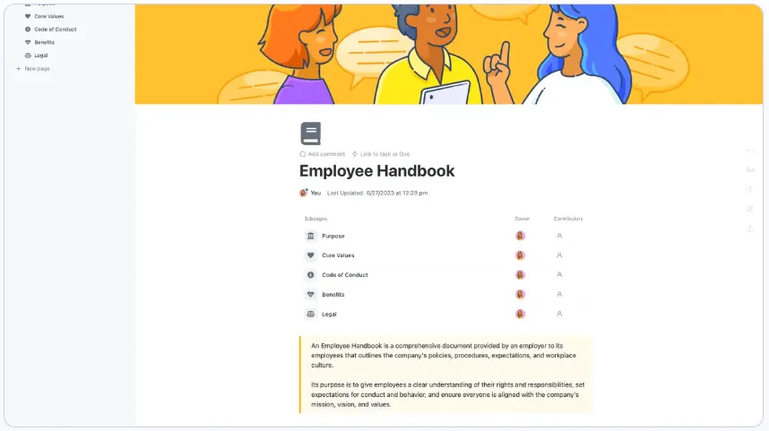 Establezca normas de conducta, políticas de equipo, código de vestimenta y horarios de trabajo mediante la plantilla del manual del empleado de ClickUp.