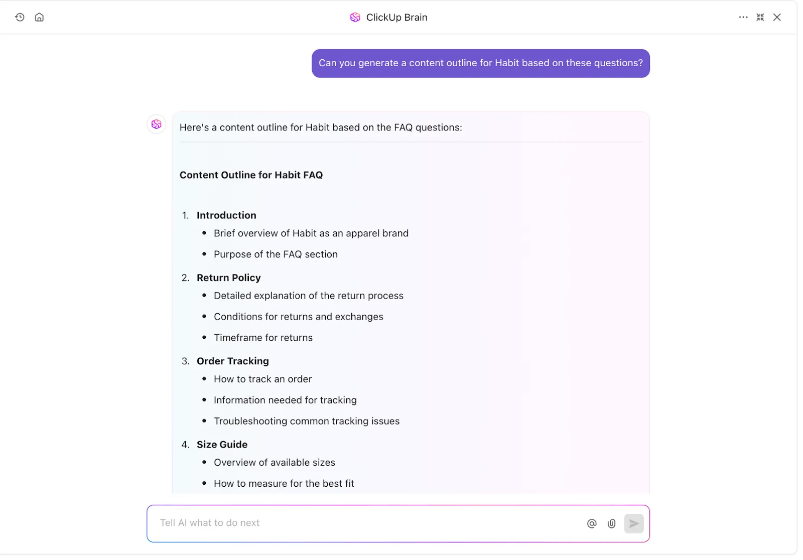 استخدم ClickUp Brain لتتخلص من العمل الشاق المتمثل في إنشاء خطط المحتوى لعملية إنشاء المحتوى