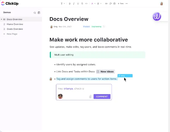 ClickUp Docs を使用すると、プロジェクト wiki、SOP、ミーティングのメモを簡単に作成、共有、リンクできます。
