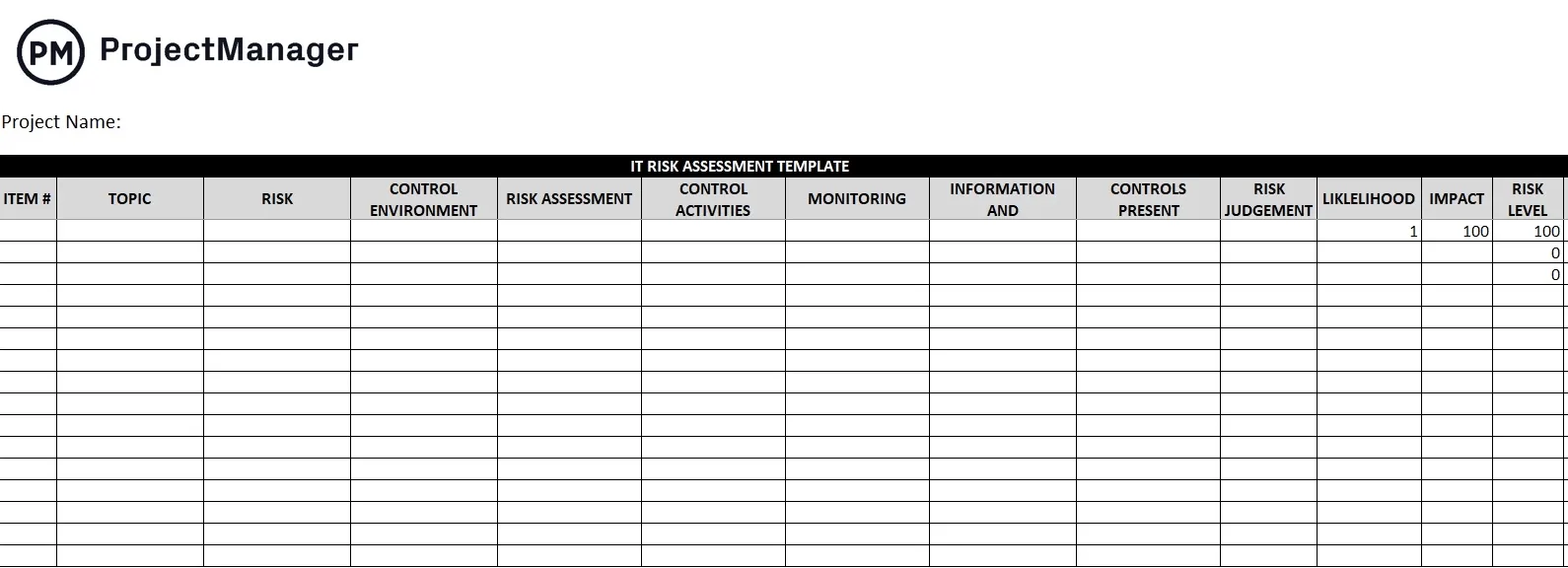 Plantilla de evaluación de riesgos de TI de ProjectManager