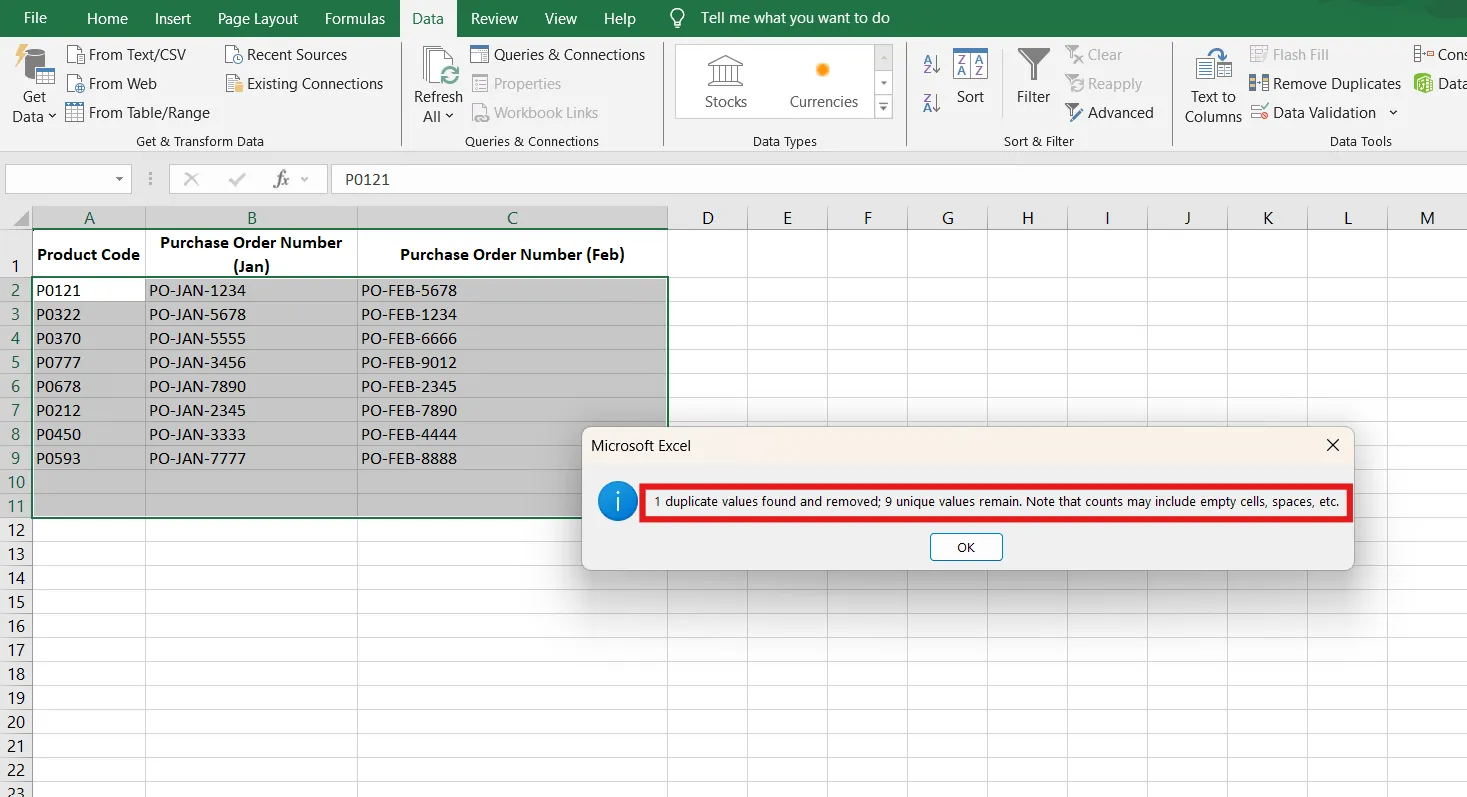 วิธีค้นหาข้อมูลซ้ำใน Excel - วิเคราะห์ผลลัพธ์