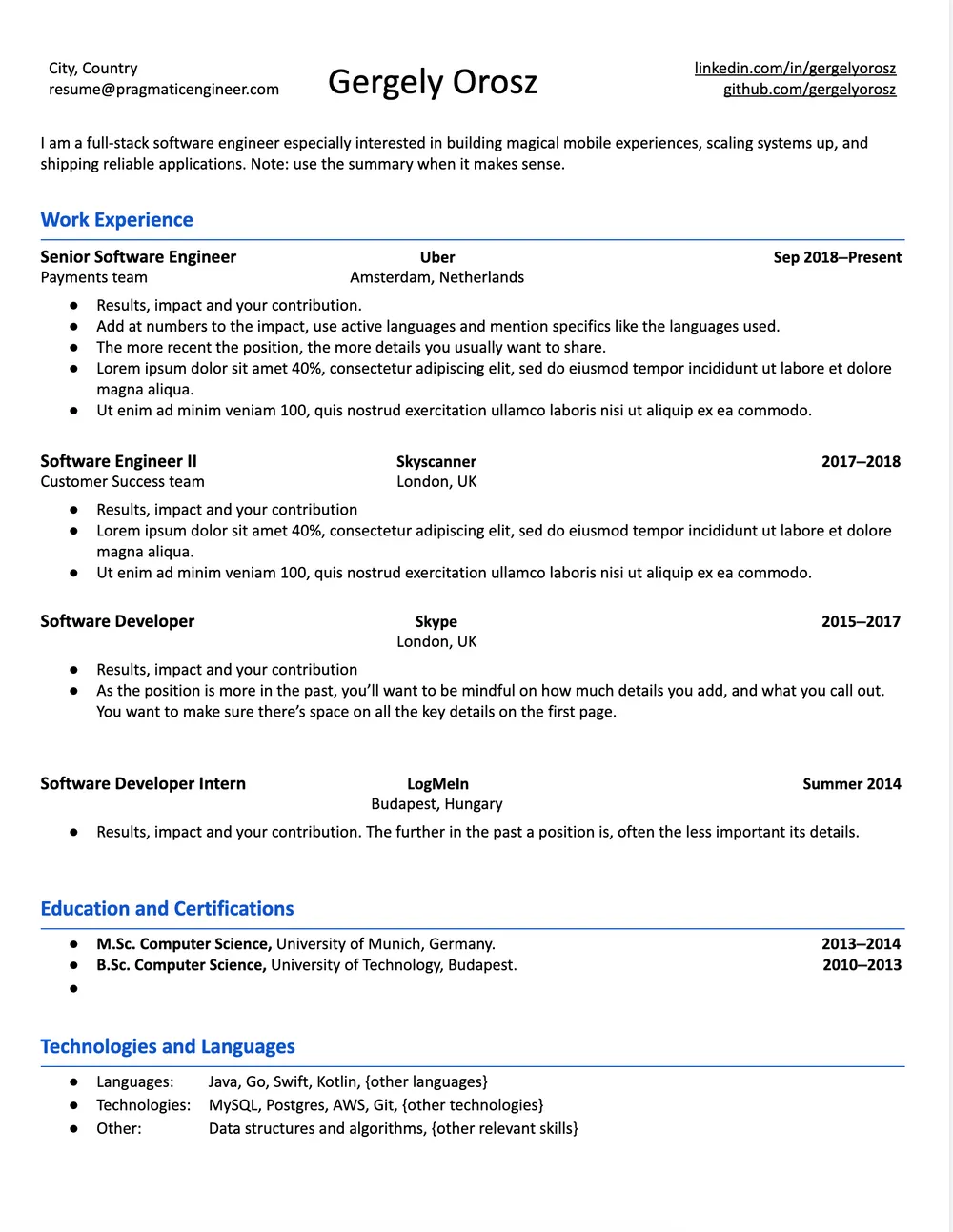 Mẫu sơ yếu lý lịch kỹ sư thực dụng của Pragmatic Engineer