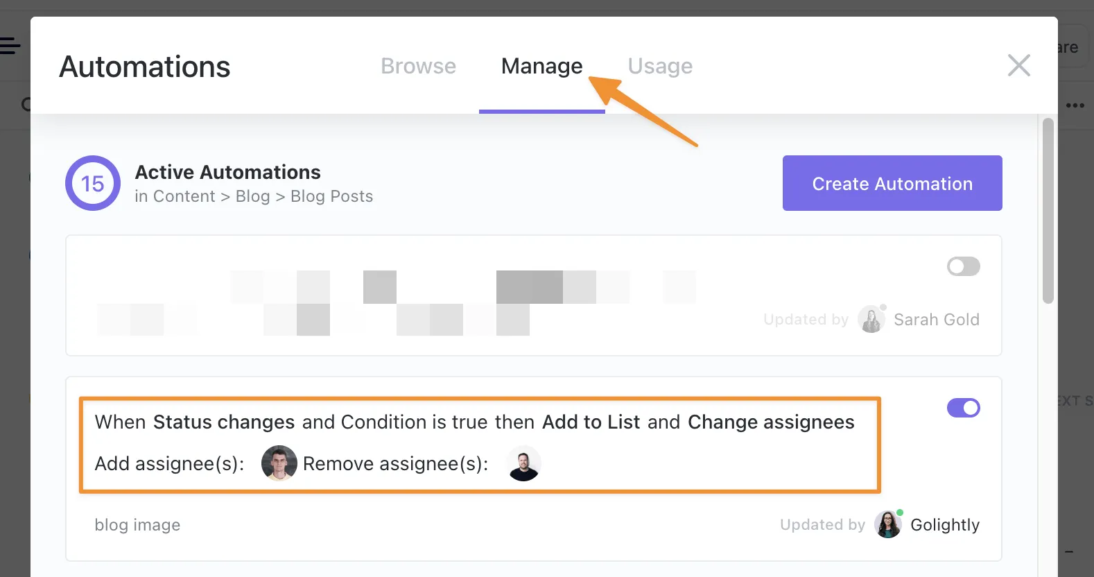 Gestión de automatizaciones existentes en ClickUp