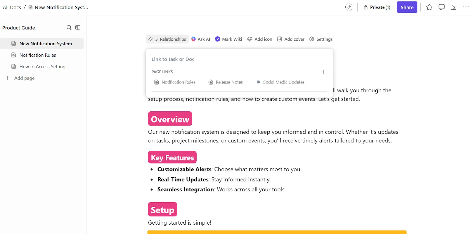 Centralisez les questions des tests, les résultats et les notes d'itération dans un hub organisé avec ClickUp Docs : guide de croissance basé sur l'IA.