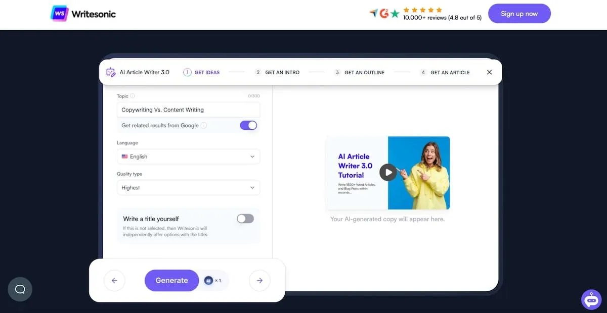 App che scrivono saggi per te: dashboard di Writesonic