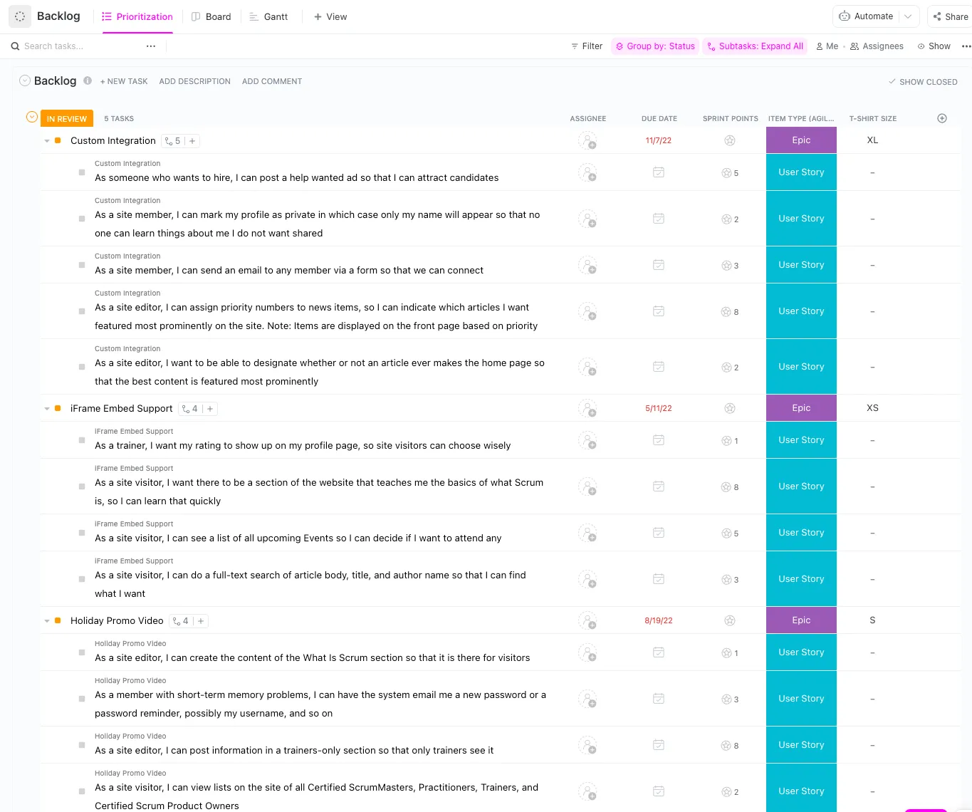 Modello di backlog Agile Scrum di ClickUp