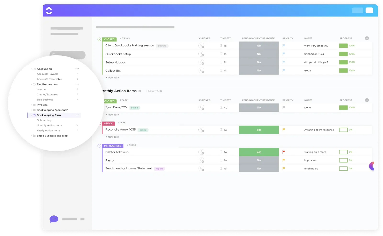 ClickUp の会計事務所テンプレートを使用して、クライアントに優しいツールをチームに提供しましょう。