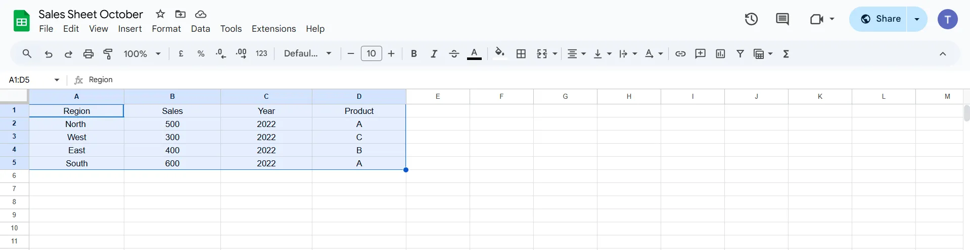 Pivottabelle in Google Tabellen erstellen: Markieren Sie die Daten in der Tabelle.