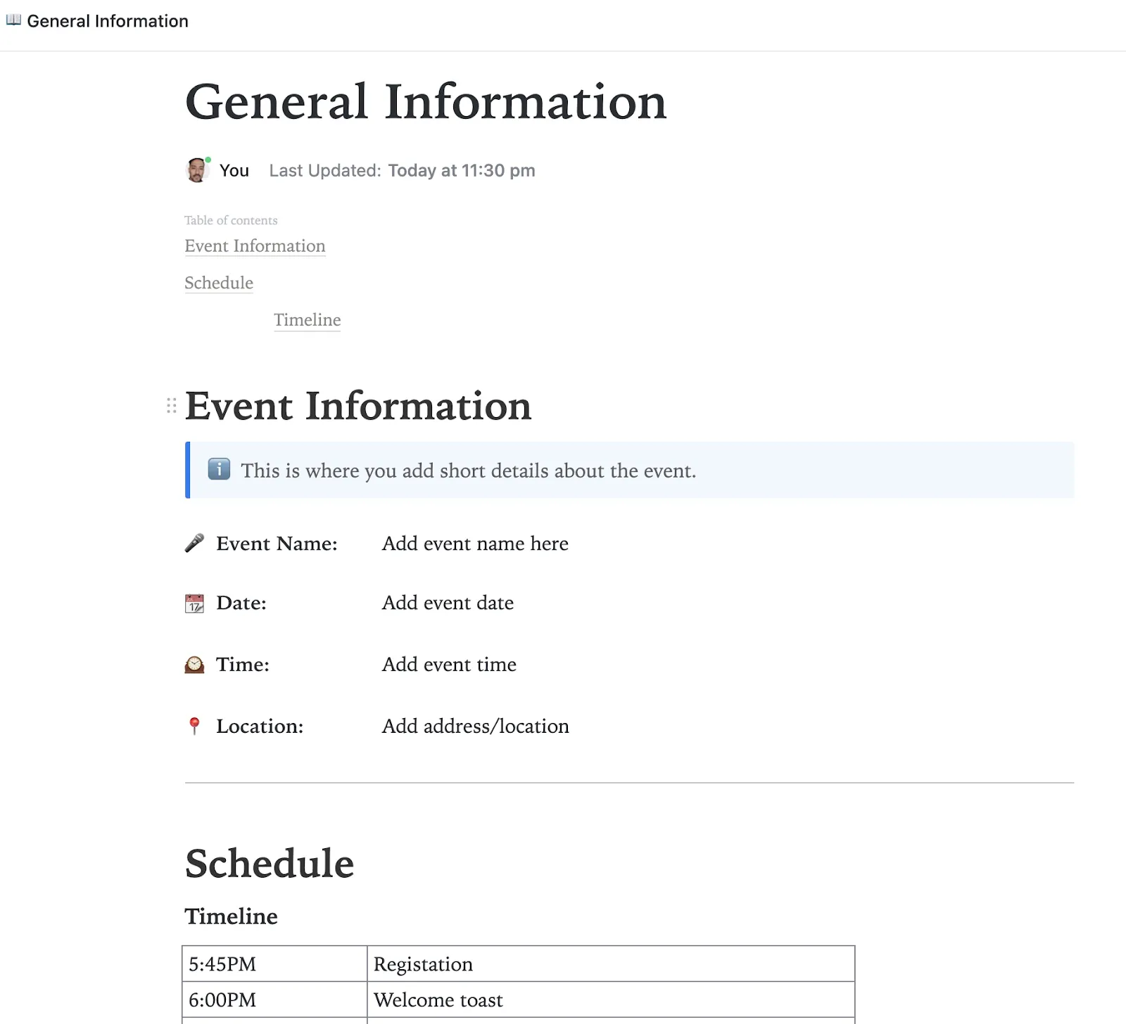 Modelo de documento de planejamento de eventos do ClickUp