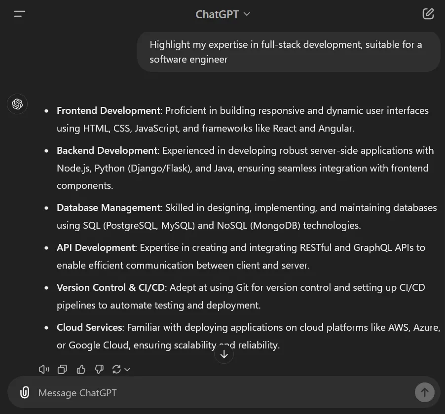 Expertise in Full-stack Prompt: chatgpt cv-prompts