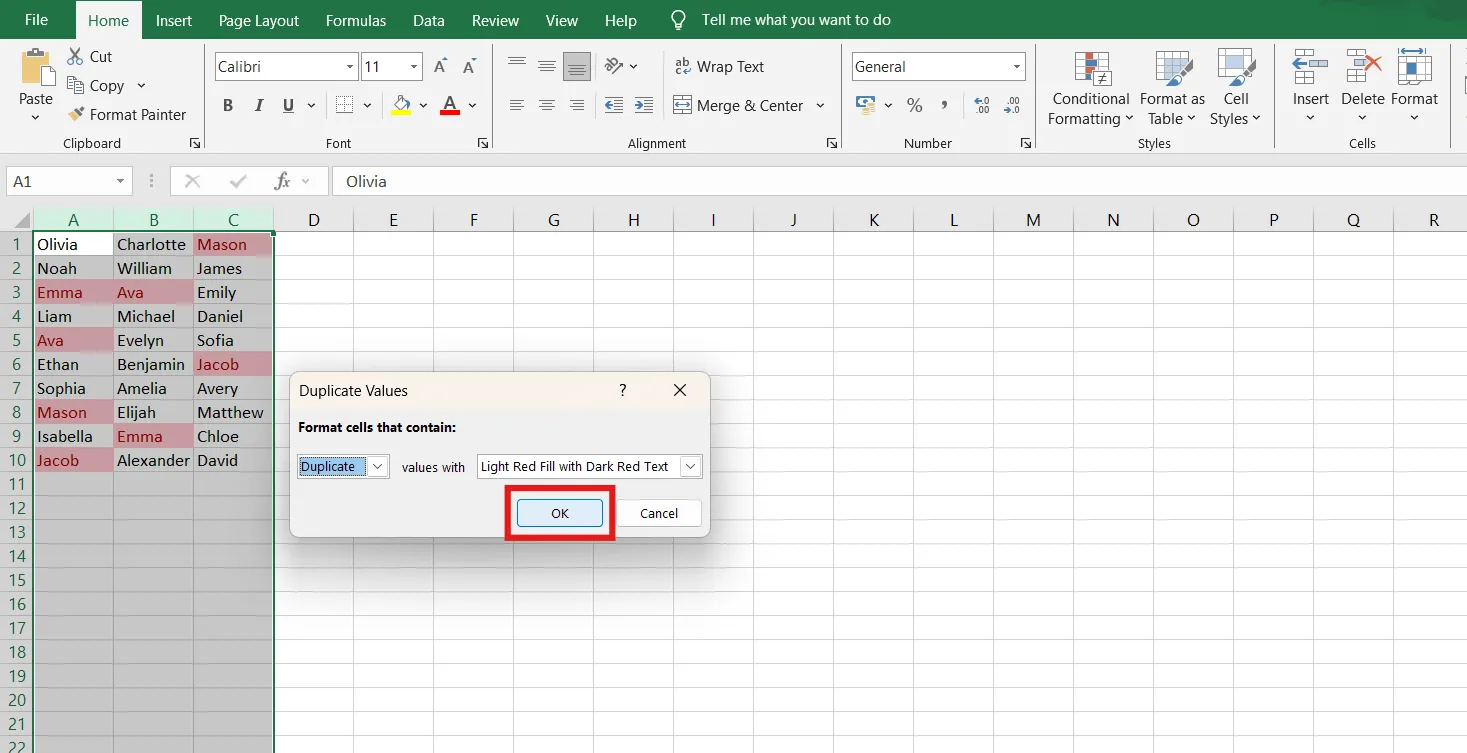 วิธีค้นหาข้อมูลซ้ำใน Excel - ใช้กฎเกณฑ์