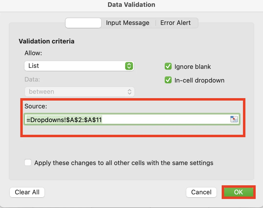 Option « Source » dans la boîte de dialogue « Validation des données » dans Excel