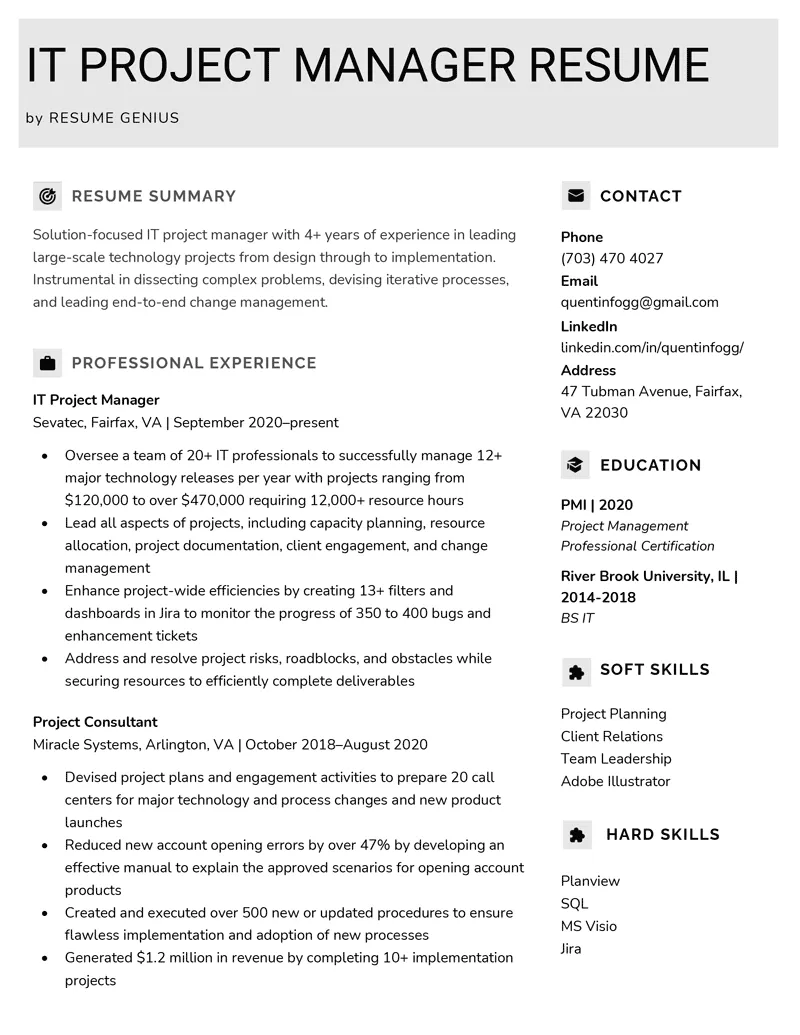 Modelo de currículo para gerente de projetos de TI da Resume Genius