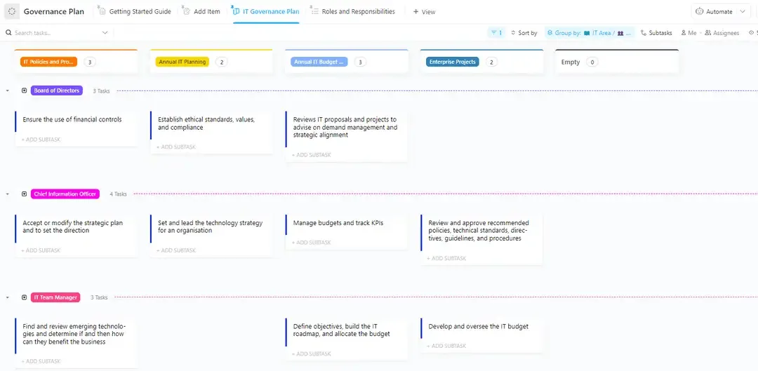 Cree una referencia para las políticas y procedimientos de la empresa al acceder a un recurso de TI utilizando la plantilla de plan de gobernanza de ClickUp.