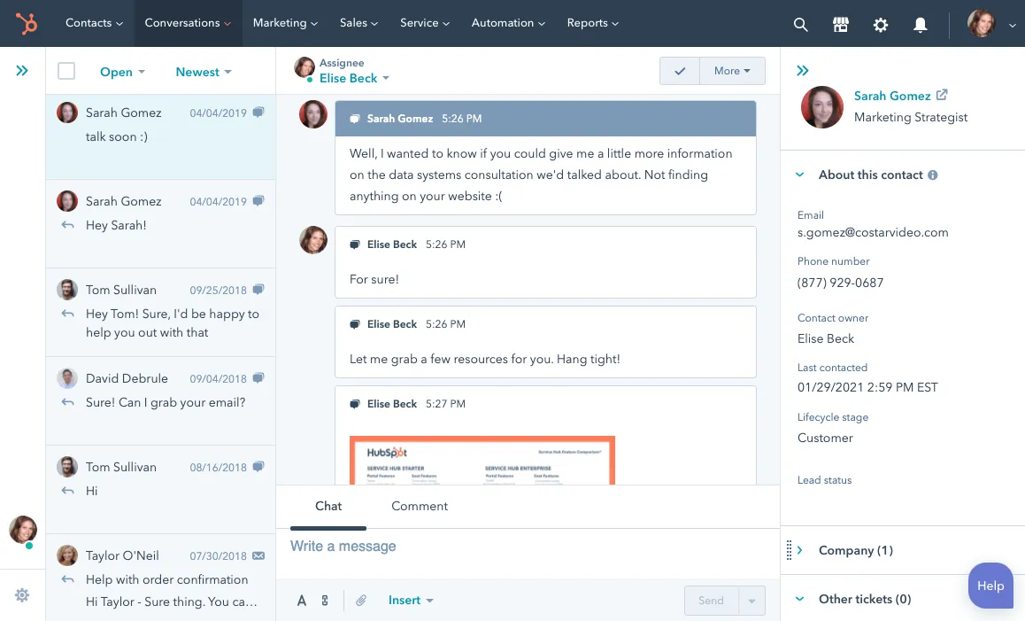 Ein Screenshot der CRM-Unterhaltungen von HubSpot