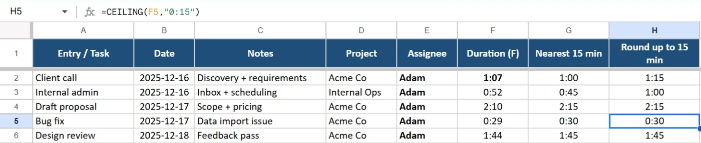 Công thức Excel cho việc theo dõi thời gian - Làm tròn thời gian theo khoảng 15 phút