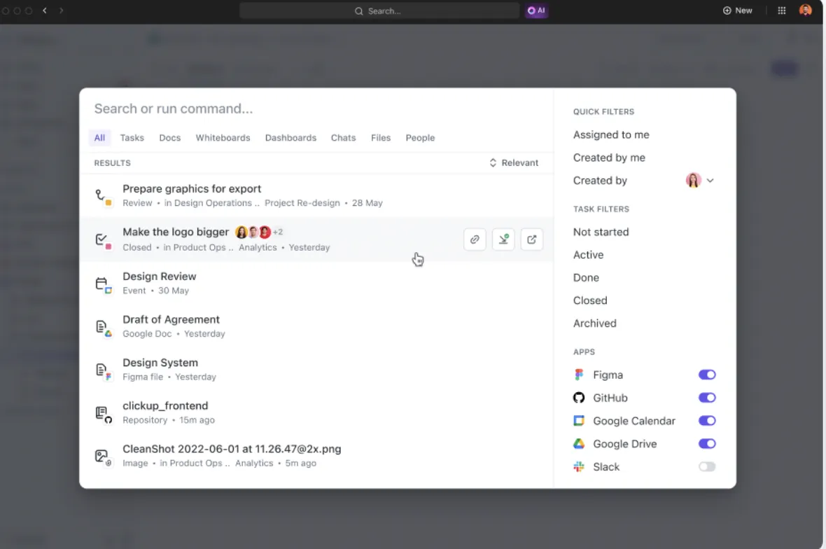 A ClickUp Connected Search irányítópultja a Slack, a Notion, a Google Docs és a ClickUp munkaterületén keres